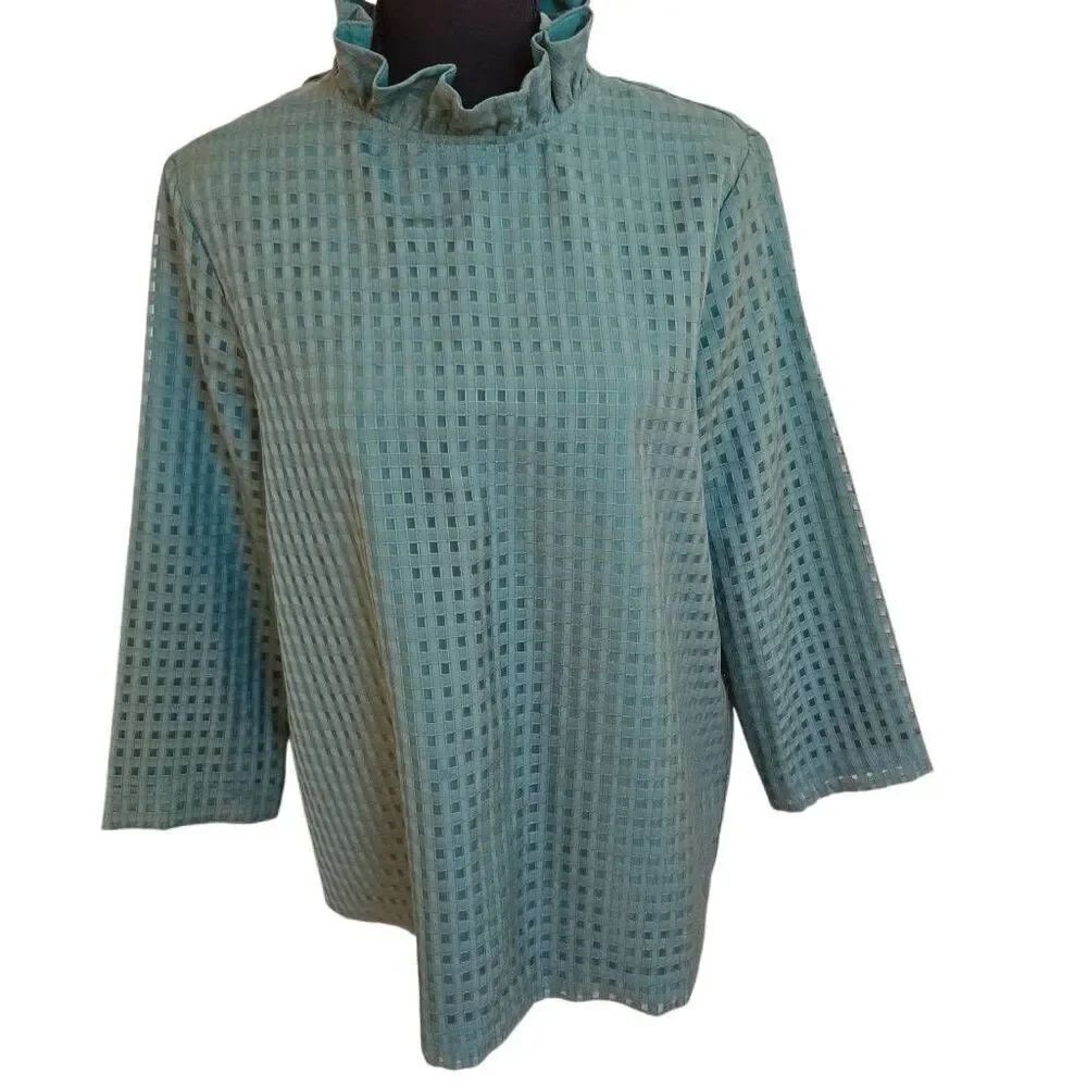 Tuckernuck Womens Emerald Green Burnout Faye Ruffle Collar Blouse Size Large